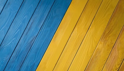 Canvas Print - bicolor wooden textured background in blue and yellow colours wooden boards are painted and arranged diagonally blue and yellow separated wooden background