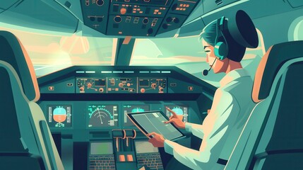 Poster - The flight attendant checks instruments and prepares for departure as the sun sets outside the cockpit window. Generative AI