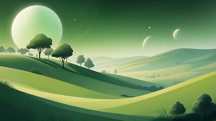 Wall Mural - Green hills, trees, winding path, moon, stars, light. Ideal for naturethemed designs, fantasy book covers, magical landscapes, and dreamy illustrations.