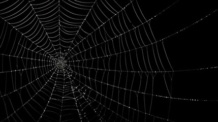 Intricate Spider Web with Dew Drops on Black Background