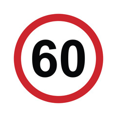 Speed limit 60 round road traffic icon sign flat style design vector illustration isolated on white background. Circle standard road sign with number 60kmh.