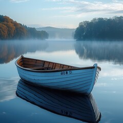 Poster - Rowboat on a Misty Lake at Sunrise