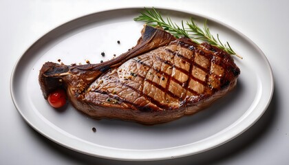 Wall Mural - Grilled Steak with Rosemary and Peppercorns on White Plate