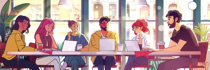 Aufkleber - Young entrepreneurs collaborate around a busy café table, brainstorming ideas with laptops, notebooks, and coffee in a vibrant atmosphere. Generative AI