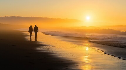 Poster - Couple Silhouettes Walking on Beach at Sunset