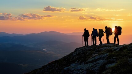 Sticker - Silhouettes of Hikers on Mountain Peak at Sunset