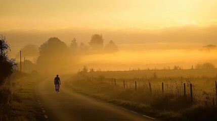 Wall Mural - Silhouette of Cyclist Riding Through Foggy Country Road at Sunrise