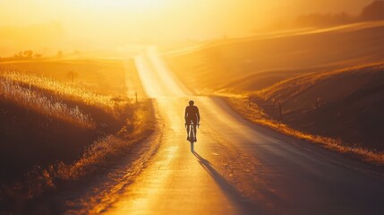 Wall Mural - Cyclist Riding into the Golden Sunset on a Rural Road