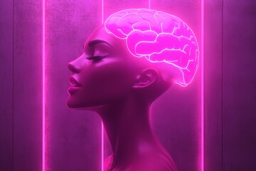 Sticker - Profile of a woman with a glowing pink brain in a futuristic neon environment symbolizing the intersection of modern technology mental clarity and the vibrant energy of creative thought