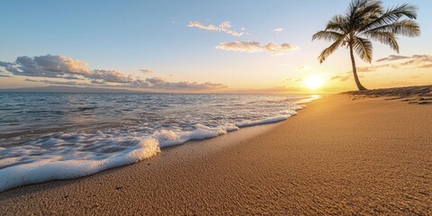 Wall Mural - A stunning tropical beach sunset scene showcases swaying palm trees, powdery sand, and the soothing rhythm of gentle waves caressing the coastline.