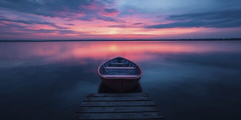 Poster - A captivating sunset view from a wooden dock with boats moored under a sky filled with vivid colors and clouds