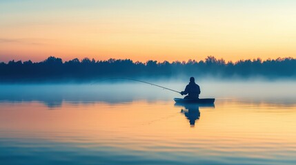 Wall Mural - Silhouette of a Fisherman in a Boat at Sunrise on a Misty Lake