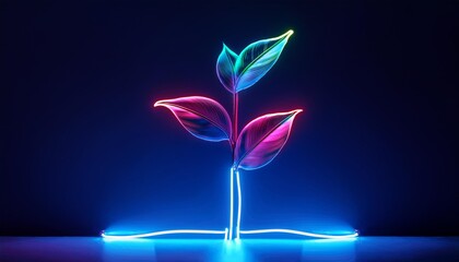 Wall Mural - abstract digital illustration of a growing plant with neon leaves on dark blue background