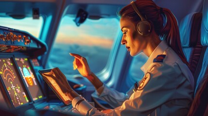 Poster - The flight attendant analyzes data, adjusts controls, and communicates with the cockpit crew during a mesmerizing twilight flight. Generative AI