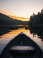 Wall Mural - A tranquil lakeside cabin offers a serene vista, with boats swaying softly on the water as the breathtaking colors of sunrise illuminate the sky.