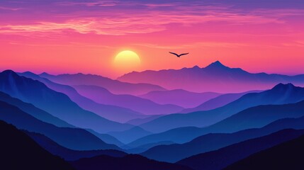 Wall Mural - Stunning Sunset Over Mountain Range with Bird in Flight