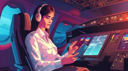 Poster - A flight attendant analyzes data on a tablet while seated in the cockpit, focused on ensuring smooth operations during a nighttime journey. Generative AI