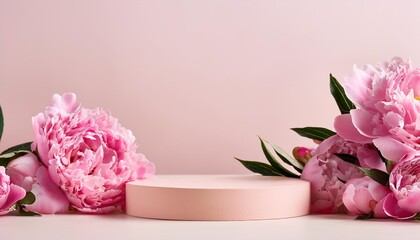 Wall Mural - product podium with pink peonies in spring pastel colors for product presentation mockup for branding packaging