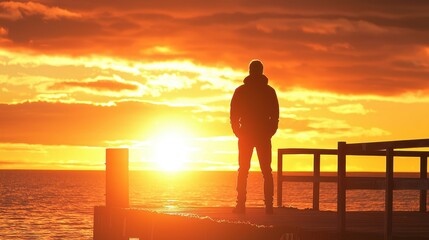 Poster - Silhouette of Man at Sunset Over Water