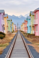 Colorful Houses Line Up Along Train Tracks in Mountain Landscape