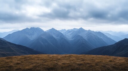 Poster - Stunning panoramic view of far-off mountain ranges, embodying the spirit of adventure and the excitement of conquering new challenges.