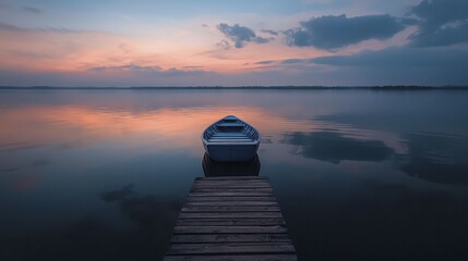 Canvas Print - Calm waters mirroring colorful clouds above a deserted dock, where a solitary boat drifts quietly, embracing the stillness of the moment.