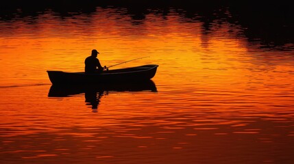 Wall Mural - Silhouette of Fisherman in Rowboat at Sunset