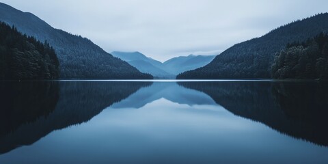 Poster - Tranquil scene of a lake surrounded by mountains, symbolizing calmness and reflection after a successful journey