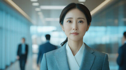 Poster - A woman in a business suit stands in a hallway with a blue background. She is wearing a white blouse and a blue jacket