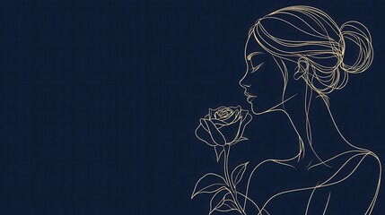 Wall Mural - Woman with Rose Line Art Illustration   Minimalist Elegant Gold Design