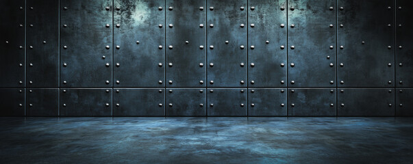 Poster - A wall with many holes and a grey color. The wall is empty and has no decoration. The wall is made of metal and has a rough texture
