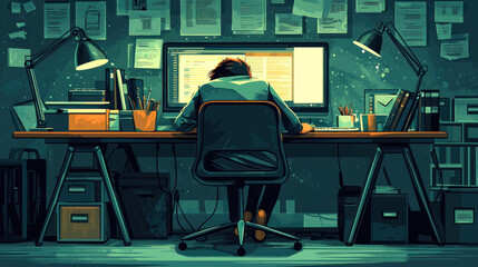 Poster - A man is sitting at a desk with a computer monitor in front of him. He is working on a project and he is focused. The room is dimly lit, and there are several books