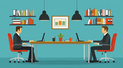 Poster - Two men sitting at a desk with a potted plant in front of them. The room is filled with bookshelves and a large table