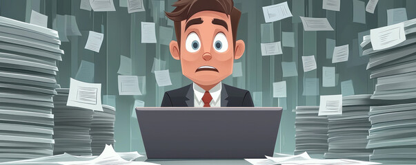 Poster - A man is sitting at a desk with a laptop and piles of paper. He looks worried and overwhelmed by the amount of work he has to do