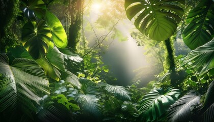 Wall Mural - A detailed shot of a rainforest canopy with sunlight filtering through leaves, the focus on