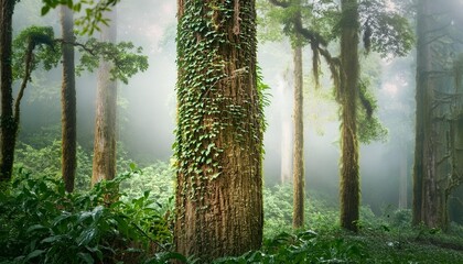 Wall Mural - A misty rainforest scene with tall trees covered in vines, the focus on a single towering tr