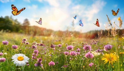 Wall Mural - a summer meadow filled with wildflowers and fluttering butterflies