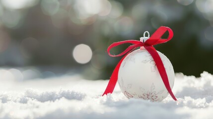 Canvas Print - White Christmas Ornament with Red Ribbon in Snow