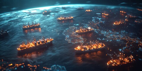 Poster - This visual representation illustrates the complex international cargo delivery process via ships, highlighting a comprehensive logistics network carefully mapped across the globe