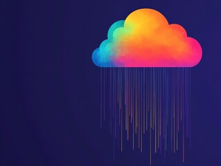 a vibrant, colorful cloud with rainbow rain drops, set against a deep blue background, perfect for c