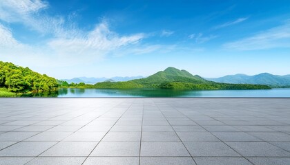 Wall Mural - empty square floor and green mountain with blue lake natural landscape under blue sky