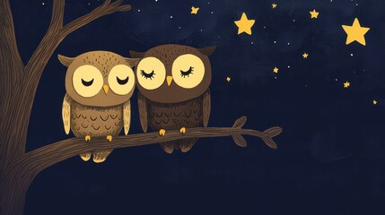 Sticker - Two Owls Perched on a Branch Under a Starry Night Sky