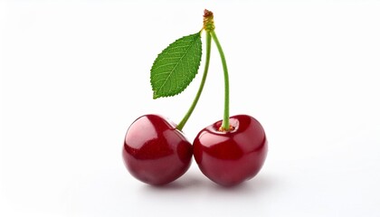 juicy cherry with leaf close up on a white background