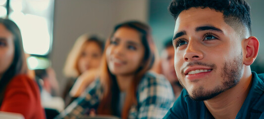 Wall Mural - Smiling young Latino man paying attention in college class