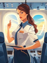 Aufkleber - A flight attendant stands confidently by the window, greeting passengers as the sun sets, showcasing her professional attire and attentive demeanor. Generative AI