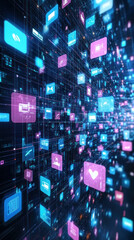 Poster - A colorful image of many icons and squares, with a blue heart in the middle. Concept of technology and connectivity, with the various icons representing different apps and devices