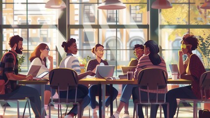 Leinwandbilder - Young entrepreneurs brainstorm and collaborate in a trendy cafe filled with laptops, notebooks, and coffee cups during a sunny afternoon. Generative AI
