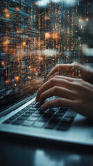 Poster - A person is typing on a laptop computer with a glowing screen behind them. Concept of technology and productivity, as the person is focused on their work