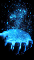 Poster - A hand is holding a blue object that is surrounded by a blue light. The image has a futuristic and otherworldly feel to it