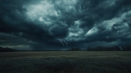 Dramatic Storm Clouds with Lightning Strike Over Field